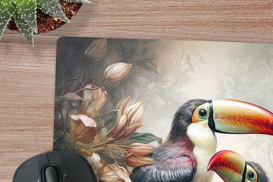 MousePadParadise XXL Muismat - Toekan - Vogels - Bloemen - Jungle - 60x60 cm - Bureau Onderlegger - Bureau Mat