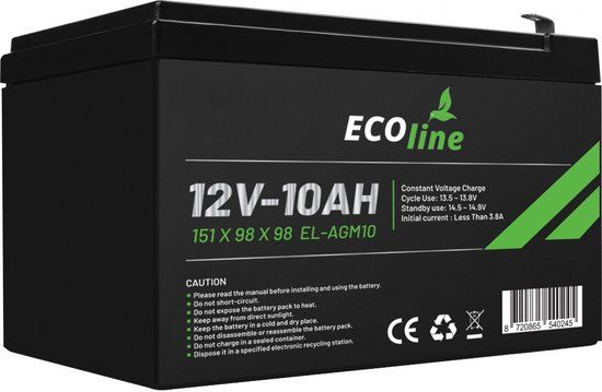 EcoLine - AGM 12V 10AH - 10000mAh VRLA Batterij - Deep Cycle Accu