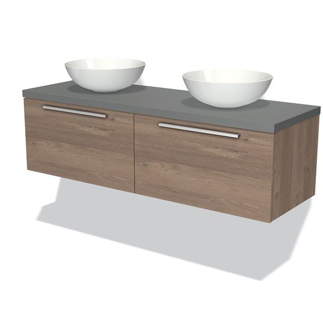 Maxaro Badkamermeubel Modulo Plato 140cm - Middenbruin Eiken - 2 Lades - Vlak Middengrijs Blad