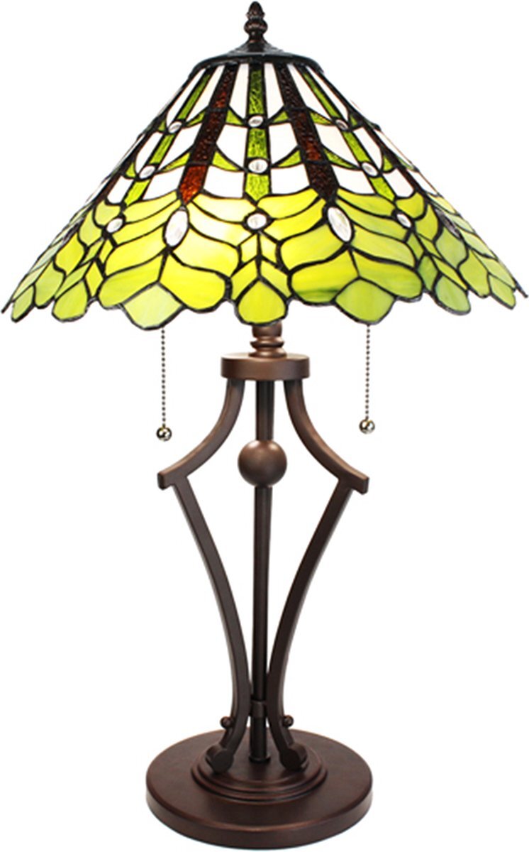 Lumilamp Tiffany Tafellamp Ø 41x62 cm Groen Wit Glas Kunststof Rond Tiffany Bureaulamp Tiffany Lampen Glas in Lood