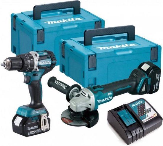 Makita DLX2179TJ1 18V LXT 2-delige set met haakse slijper DGA504 en klopboormachine DHP484, inclusief 2x 5.0Ah accu's
