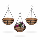 Relaxdays Hangende plantenmand - set van 3 - kokos - metaal - 31 cm - plantenhangers - rond