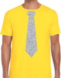 Bellatio Decorations Carnaval verkleed t-shirt - met zilveren glitter stropdas - geel - voor heren - disco - glamour XXL