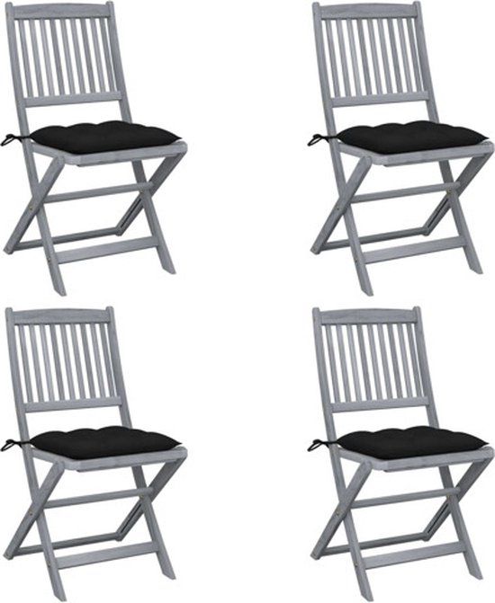 vidaXL Set van 4 klapstoelen met kussens, massief acaciahout, zwart