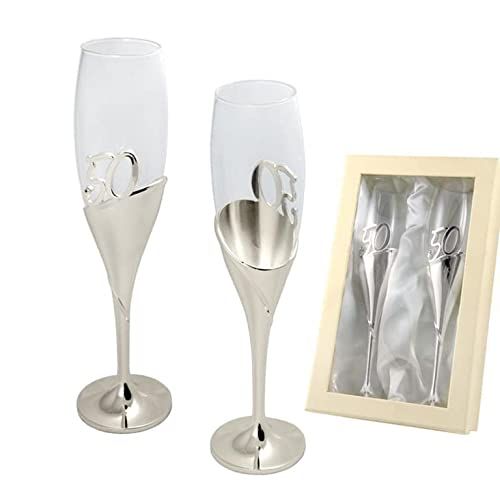 DRW Champagneglazen voor de 50e verjaardag, glas en metaal, 26 x 6 cm