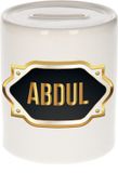 Bellatio Decorations Shoppartners Bv Spaarpot met voornaam Abdul - wit - met goud/zwart embleem - 8 x 9 cm - keramiek - met afsluitdop - cadeau verjaardag