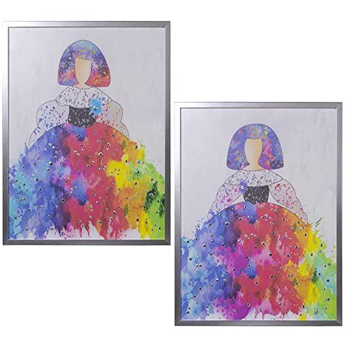 DRW Set van 2 rechthoekige houten afbeeldingen met menines met zilverkleurige lijst - 60 x 3 x 80 cm