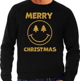 Bellatio Decorations Foute Kersttrui/sweater voor heren - Merry Christmas - zwart - glitter goud - Smile / Emoticon L