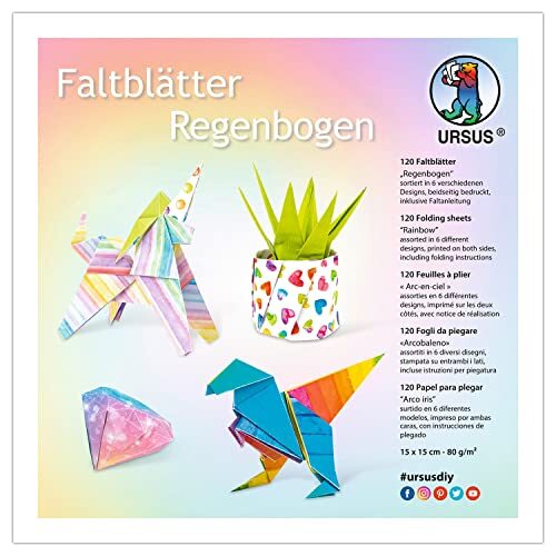 Ursus 10154131 - Vouwbladen regenboog, 120 vellen assorti in 6 verschillende kleuren, ca. 15 x 15 cm groot, 80 g/m², tweezijdig bedrukt, inclusief vouwinstructies