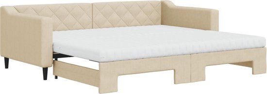 vidaXL Slaapbank met onderschuifbed en matrassen 90x200 cm stof crème