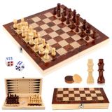 Échiquier jeu d'échecs en bois set d'échecs - 3-en-1 - Pliable - 29 x 29 cm