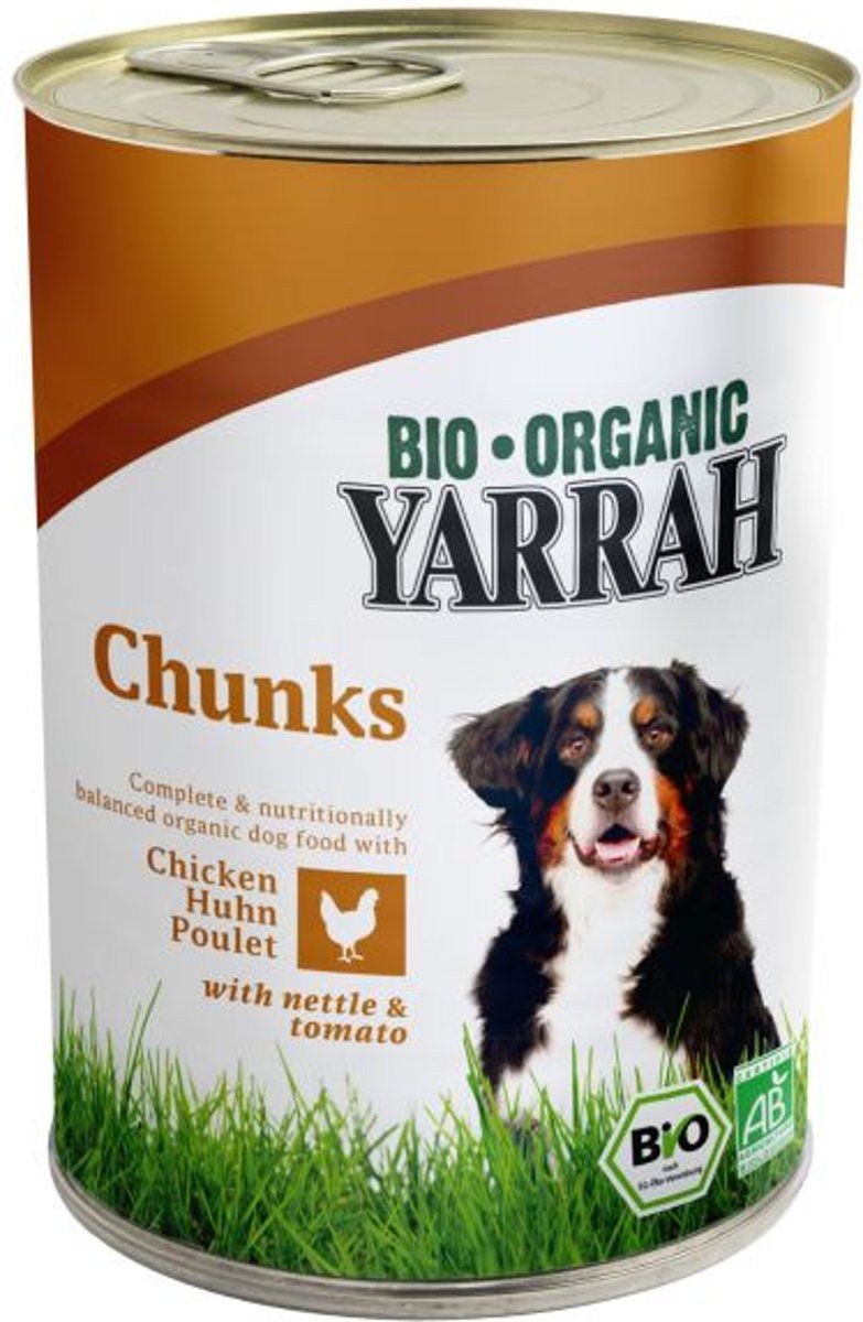 YARRAH dog blik brokjes kip in saus met brandnetel en tomaat hondenvoer 405 gr