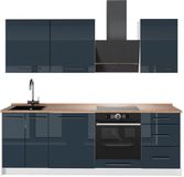 Vicco Complete keukeneenheid Fame-Line, Donkerblauw hoogglans/Wit, 230 cm, WB Eik
