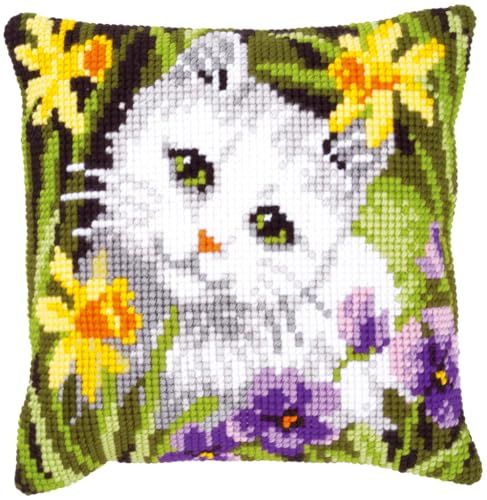 VERVACO Borduurpakket Kussen Kruissteek WITTE KAT TUSSEN NARCISSEN 40 x 40 cm