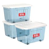 Cetomo 55L x 3 plastic opbergdozen met wielen, opbergdoos met deksel met veilige zijvergrendelingen, PP nestbare en stapelbare doorzichtige organizer voor thuis, kantoor, verhuizen, transparant blauw
