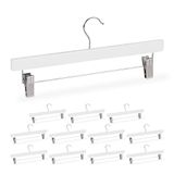 Relaxdays broekhangers, van hout, 35,5 cm breed, met knijpers, 12 stuks, kleerhangers met klemmen, rokhanger, wit