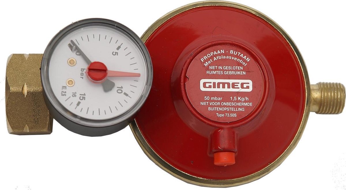 Gimeg universele gasdrukregelaar 1/4links met afblaasbeveiliging/manometer 30mb