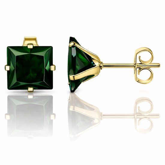 LGT JWLS Lookinggoodtoday LGT JWLS Classic Stud Oorbellen Vierkant - Groen Goud-6mm