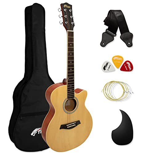 Tiger 3/4 Size Akoestische Gitaar – Steel Strung Small Body Akoestische Gitaar voor leeftijden 12 + met tas, riem, reservesnaren en plectrums – natuurlijk