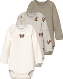 NAME IT NBNBODY 3P LS PUMICE BEAR NOOS - Baby Bodies - Unisex - Lange mouw - Katoen - Pumice Stone - Maat 74