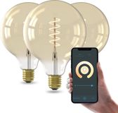 Calex Slimme LED Lamp - Set van 3 stuks - E27 - Wifi Verlichting - Spiraal Filament - Globe 12.5cm - Smart Lichtbron Goud - Dimbaar - Warm Wit licht - 7W