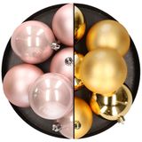 Merkloos / Sans marque 12x stuks kunststof kerstballen 8 cm mix van lichtroze en goud - Kerstversiering