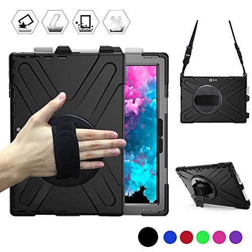 DreamerX Microsoft Surface Pro 7 / Pro 6 / Pro 5 / Pro 2017 / Pro 4 / Pro LTE-hoes, beschermende robuuste beschermhoes w/penhouder handriem roterende standaard schouderriem, robuuste schokbestendige siliconen hoes zwart
