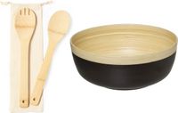 Secret de Gourmet Bol à salade et couverts de service - Bambou bois - Noir - Rond - D30 cm