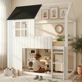 StarTech Kinderkamerbed in de vorm van een huis - Enkelbed van hout - 90 x 200 cm - Met opbergruimte - Veiligheidshek rondom - Trap met 3 treden - Wit/zwart