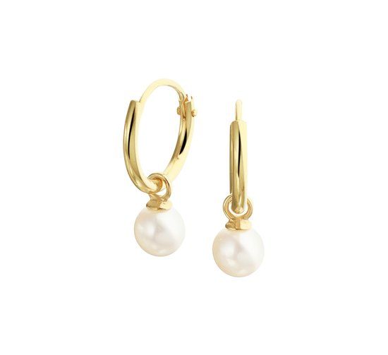 The Fashion Jewelry Collection Oorringen Met Hangers Zoetwaterparel - Geelgoud
