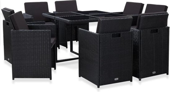 vidaXL 9-delige Tuinset met kussens poly rattan zwart