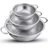 HI NATURE™ Vergieten - Vergiet RVS 3-delige set - Ø29cm/Ø23cm/Ø17cm Fijnmazig - Zeef - Roestvrij Staal - Geschikt voor het Wassen van Rijst-Groenten en Fruit | Vaatwasbestendig - Hittebestendig | Makkelijk Opbergen (Zilver)