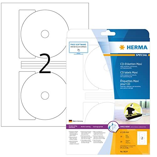 HERMA 8624 CD/DVD etiketten incl. positioneringshulp A4 dekkend (Ø 116 mm MAXI, 10 vellen, papier, mat) zelfklevend, bedrukbaar, permanent klevende CD stickers, 20 etiketten voor printer, Wit