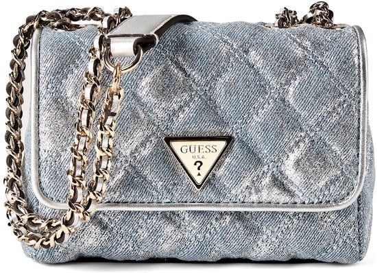 GUESS schoudertas Giully II Mini 2 Compartment Convertible Flap Metallic Denim Lichtblauw