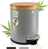 Exitoso Vuilnisemmer 5L Grijs – Cosmetica pedaalemmer met bamboe deksel & softclose – Antislip bodem, roestvrijstalen badkameremmer met modern design
