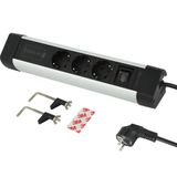 Electraline 62589 Aluminium stekkerdoos voor op het bureau, 3 stopcontacten + 1 USB-C PD 65W, 2M kabel, overspanningsbeveiliging