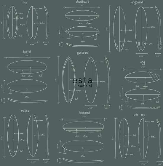 Esta Home behang technische tekeningen van surfplanken vergrijsd groen - 128870 van uit Regatta Crew - Surf Edition