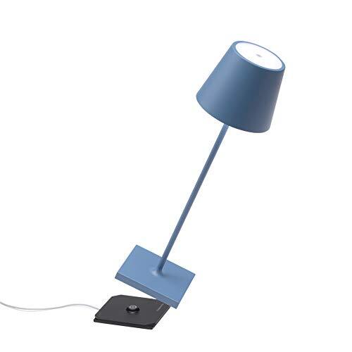 Zafferano Poldina Pro - Dimmable Draadloze LED Tafellamp in Aluminium, IP54 Bescherming, Binnen/Buiten gebruik, Contact Laadbasis, H38cm, EU Plug - Blauw