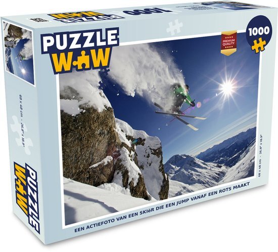 MuchoWow Puzzel Een actiefoto van een skiër die een jump vanaf een rots maakt - Legpuzzel - Puzzel 1000 stukjes volwassenen