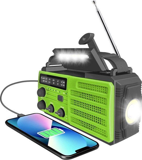 Wind Up Solar Radio - 8000 mAh Draagbare Crank Radio met AM/FM, SOS Alarm, Dynamo, Survival, Telefoon Oplader, LED Zaklamp & Leeslamp, IPX3 Waterdicht, Kompas - voor Noodgevallen Outdoor (Groen)