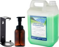 Claudius Cosmetics B.V. Zeepdispenser 300 ml amber bruin hervulbaar + 5 liter Body & Hair Alpenkruiden navulling (inclusief beugel)