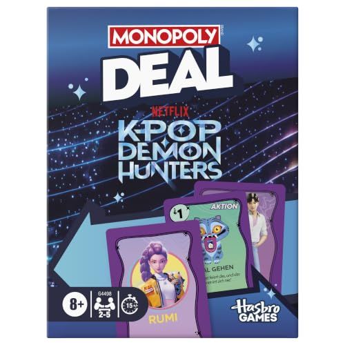 Monopoly Deal: KPop Demon Hunters kaartspel, familiespellen voor kinderen, jongeren, tieners en volwassenen, 2-5 spelers, 15 minuten, leeftijd 8 + - Duitse versie