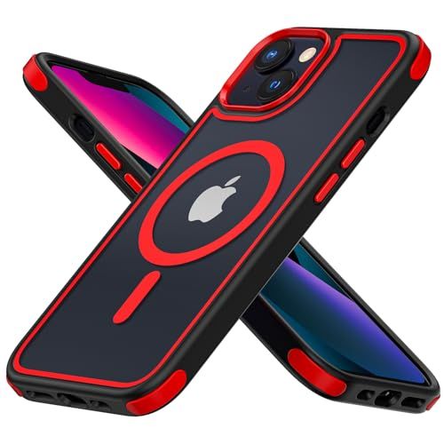 MobNano Hybride magnetische doorzichtige hoes voor iPhone 13/14 hoes [compatibel met MagSafe] stootvast bumper transparant sterke magneet telefoonhoes siliconen voor iPhone/13 14 case - Zwart/Rood