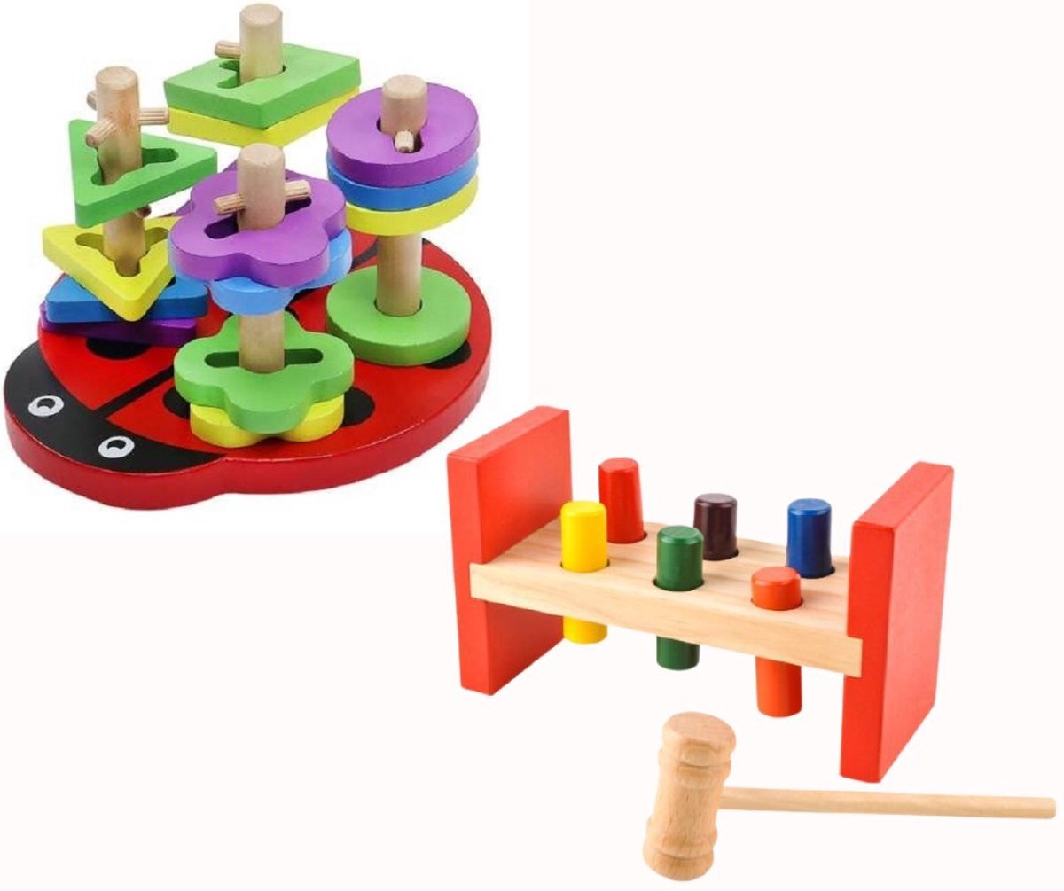 Iso trade Montessori Educatief Houten Speelgoed - Puzzel Vormenstoof Sorteerpuzzel Sorteerspel Lieveheersbeestje + Hamerbank - Hamertje Tik - Vormenstoof - Peuter Kleuter Speelgoed - Stapel Blokken