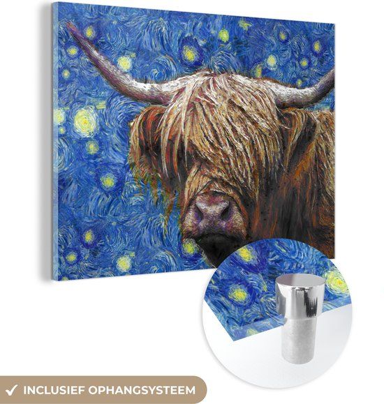 MuchoWow® Glasschilderij 160x120 cm - Acrylglas Schilderij - Van Gogh - Sterrennacht - Schotse hooglander - Multicolor - Modern
