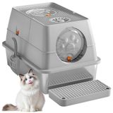 HDeye Volledig gesloten kattenbak van roestvrij staal met filter en lade, van hoge kwaliteit, in lichtgrijs