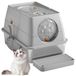 HDeye Volledig gesloten kattenbak van roestvrij staal met filter en lade, van hoge kwaliteit, in lichtgrijs