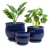 Nattol Keramische bloempotten, keramische plantenbakken met drainagegat en schotel, moderne ronde keramische vetplantenpotten met streeptextuur, klein tot middelgroot, set van 3, marineblauw