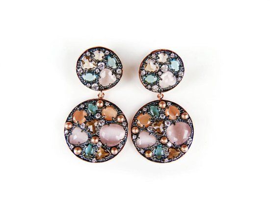 Zilveren Oorringen Model Double Full Moon met Bruine Stenen