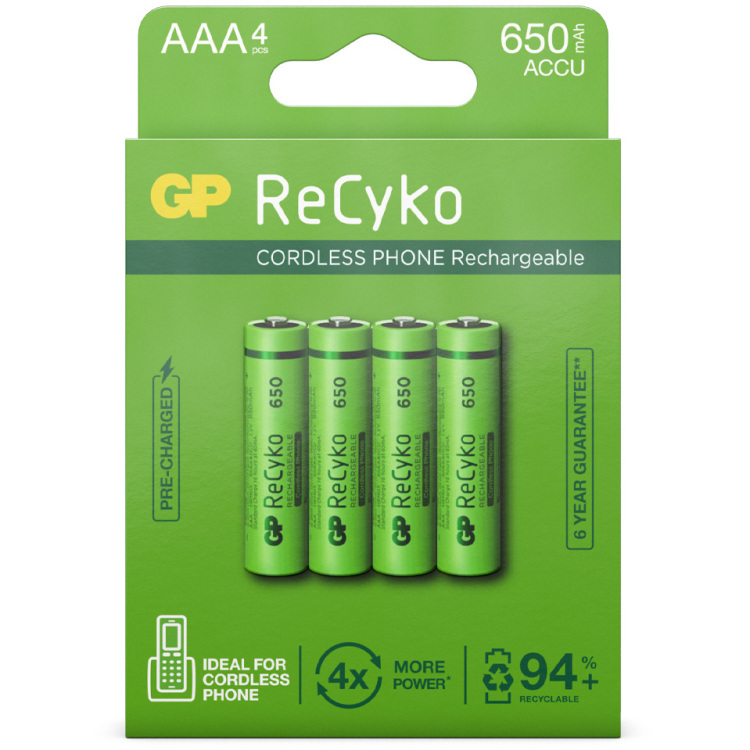 GP Batteries ReCyko NiMH AAA 650 mAh (12065AAAHCE-C4) 4 stuks, 1.2V